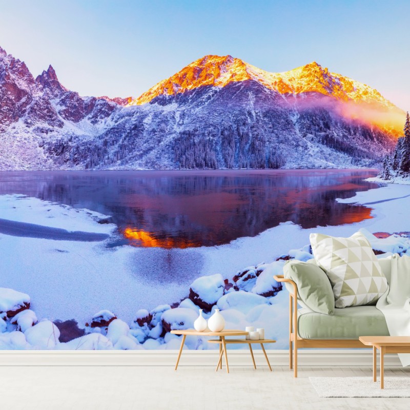 Fototapete sonnenbeschienene berge über gefrorenem alpensee – Wallnifity®