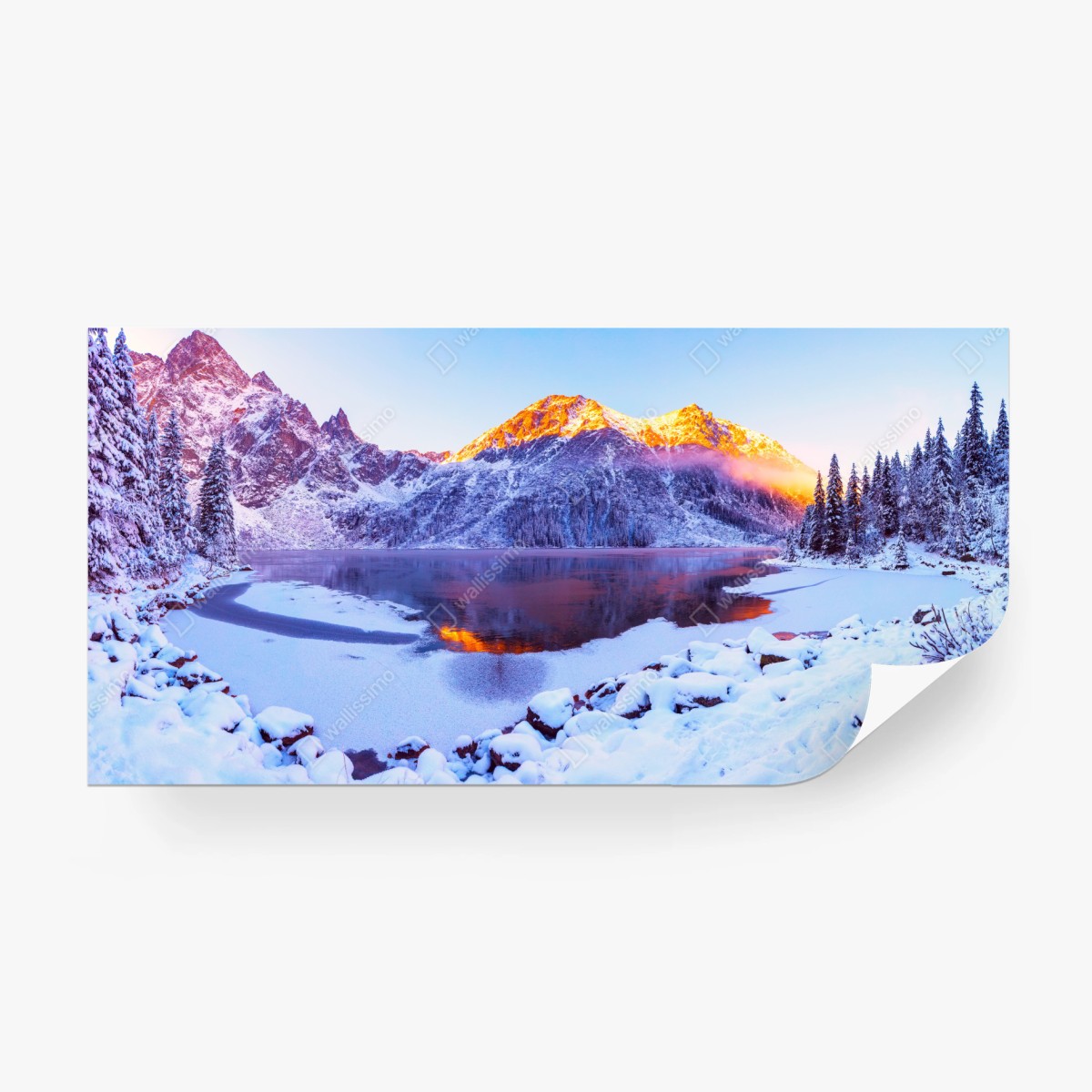 Fototapete sonnenbeschienene berge über gefrorenem alpensee – Wallnifity®