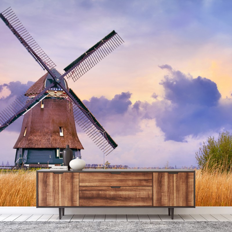Fototapete historische windmühle auf goldenen feldern – Wallnifity®