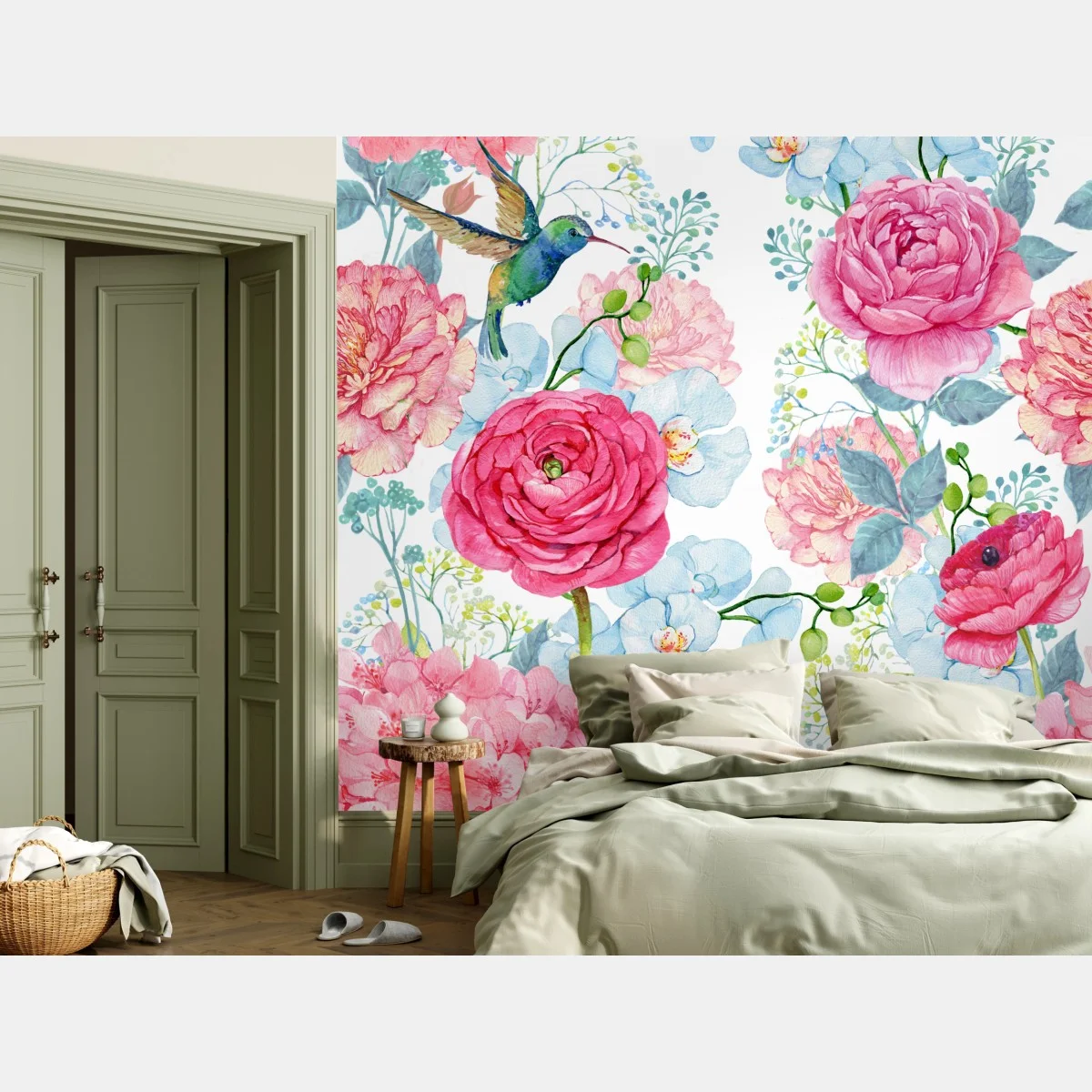 Fototapete rosa aquarell blumengarten mit kolibri – Wallnifity® Fototapete rosa aquarell blumengarten mit kolibri – Wallnifity®