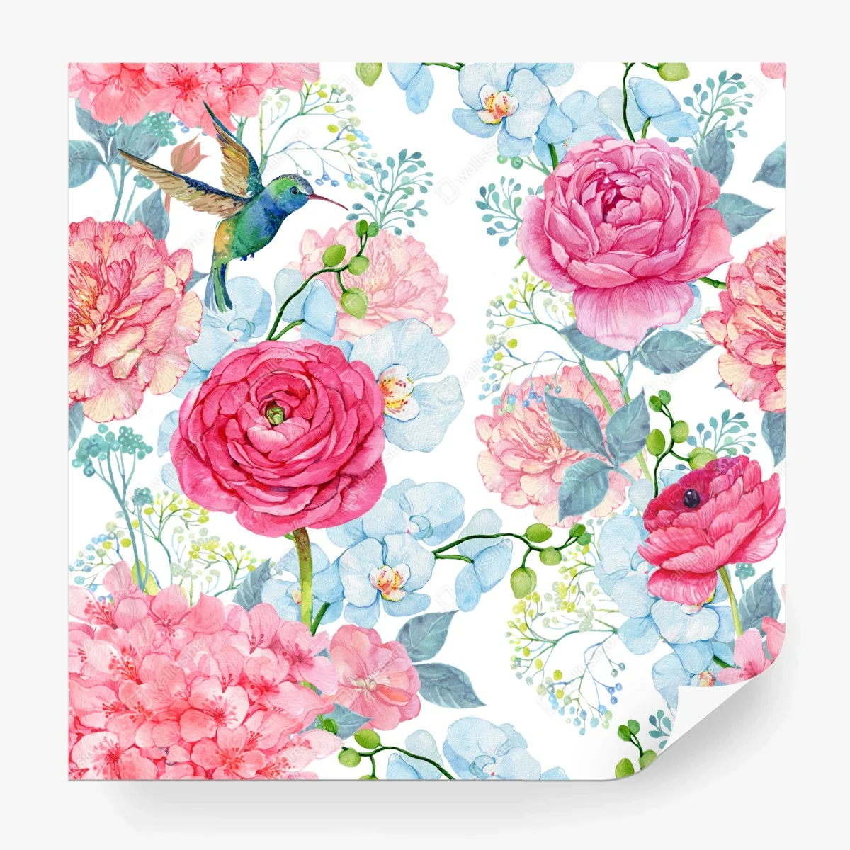 Fototapete rosa aquarell blumengarten mit kolibri – Wallnifity® Fototapete rosa aquarell blumengarten mit kolibri – Wallnifity®