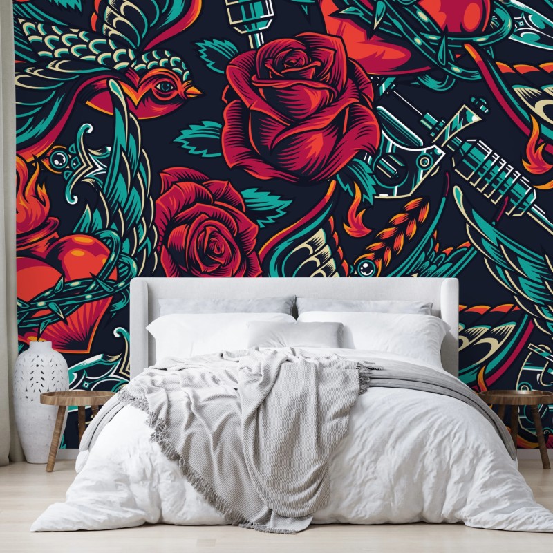 Fototapete kräftiges tätowierungsmuster mit rosen – Wallnifity®
