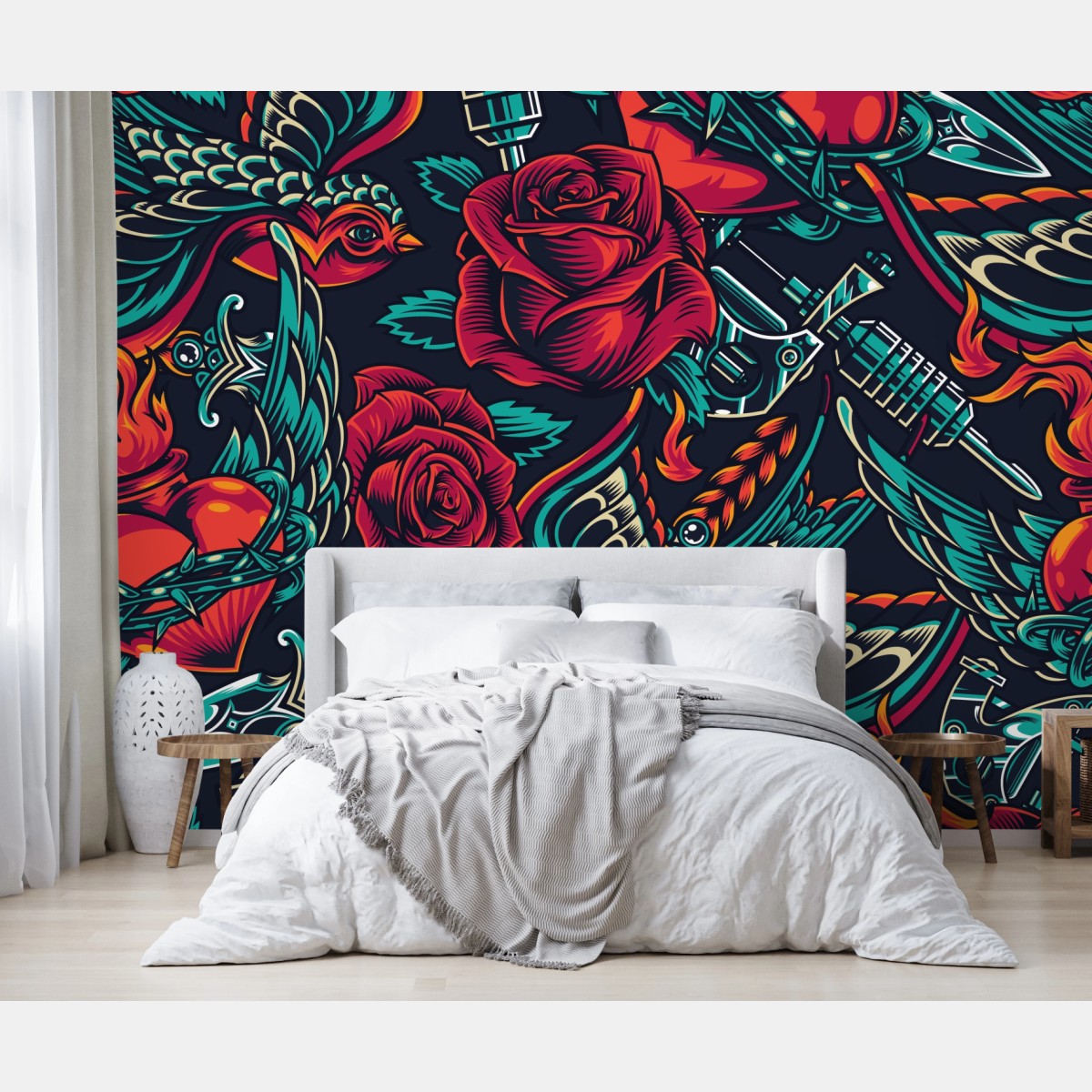 Fototapete kräftiges tätowierungsmuster mit rosen – Wallnifity®