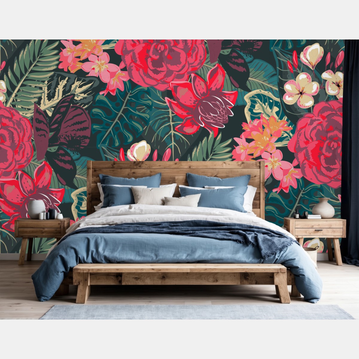 Fototapete tropisches blumenmuster in rosa und türkis – Wallnifity®