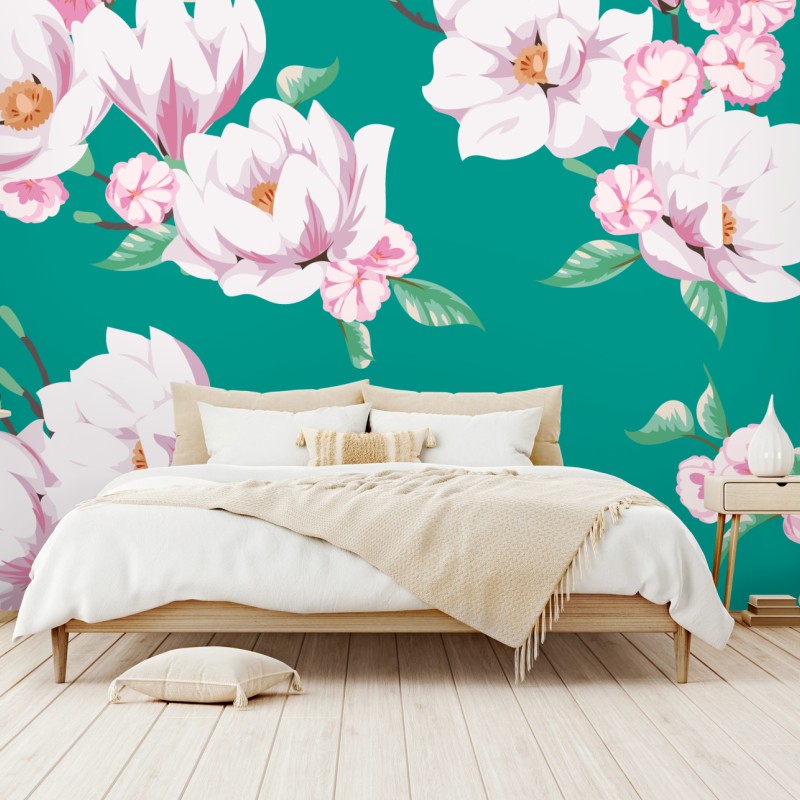 Fototapete pastell magnolienmuster auf türkisfarbenem hintergrund – Wallnifity®