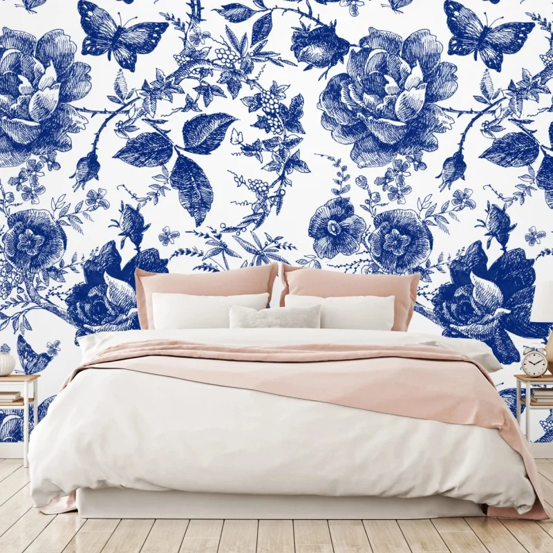 Fototapete blaues blumen toile-muster – Wallnifity®