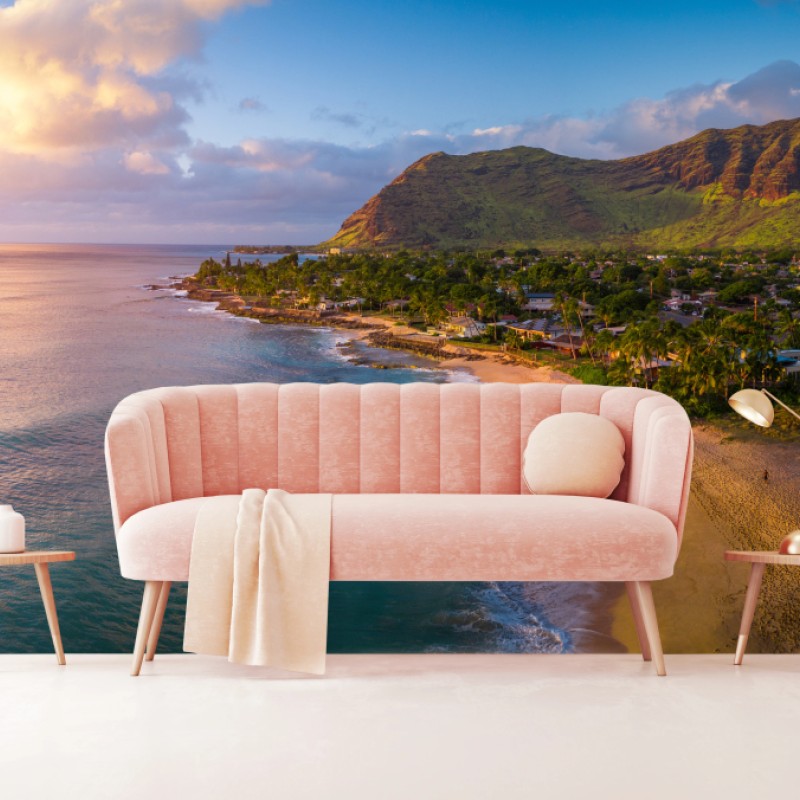 Fototapete sonnenuntergang am strand panorama mit tropischen bergen – Wallnifity®