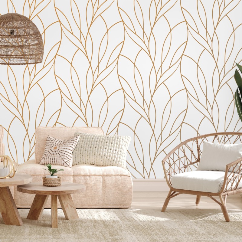 Fototapete goldenes blattmuster auf weißem hintergrund