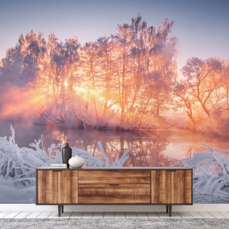 Fototapete winterlicher sonnenaufgang über zugefrorenem fluss – Wallnifity®