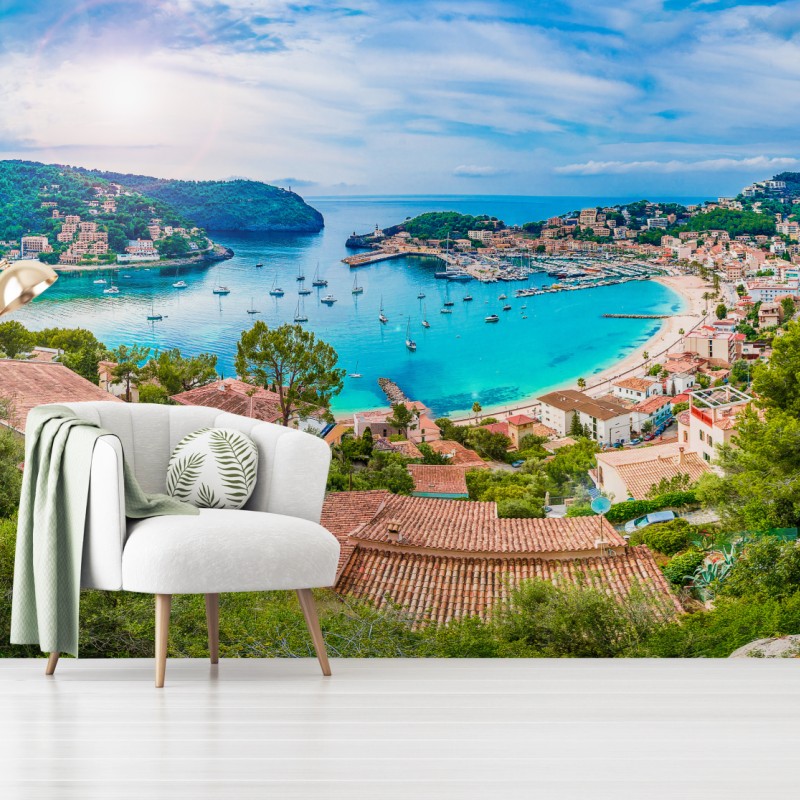 Fototapete sonnige panoramaaufnahme von Port de Soller – Wallnifity®