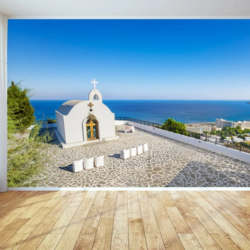 Fototapete weiße kapelle mit meerblick in Faliraki – Wallnifity®