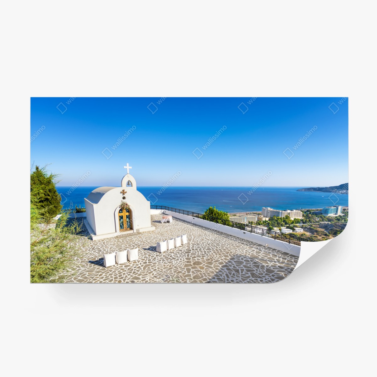 Fototapete weiße kapelle mit meerblick in Faliraki – Wallnifity®