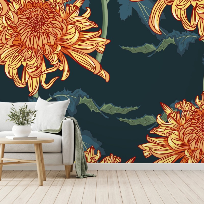 Fototapete goldene chrysantheme botanisches muster