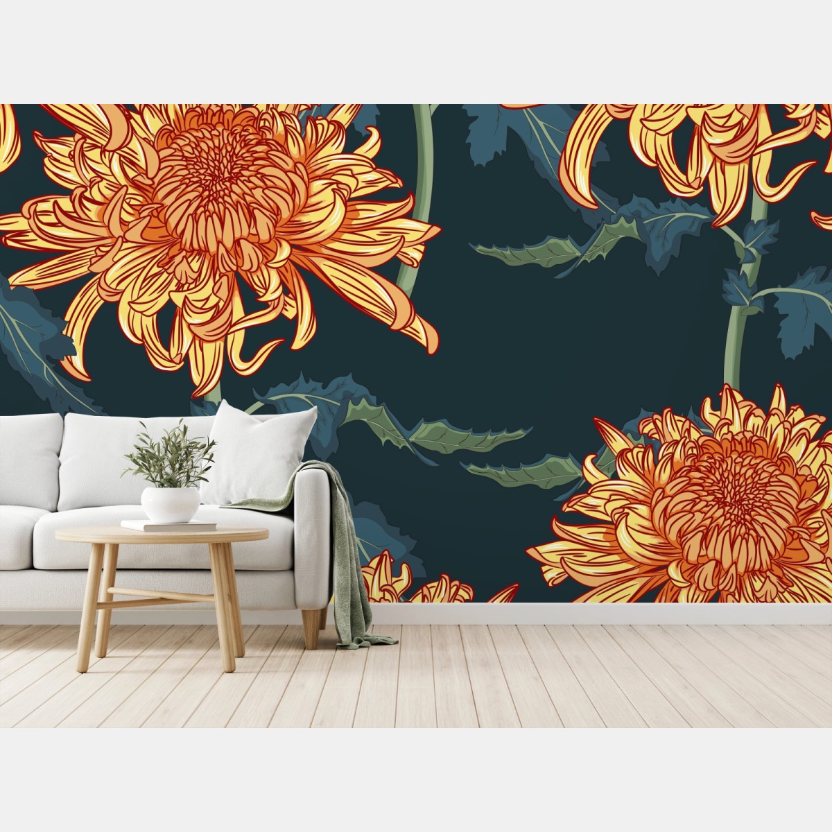 Fototapete goldene chrysantheme botanisches muster – Wallnifity®