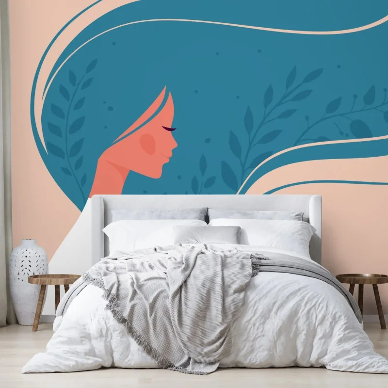 Fototapete sanftes blumiges profil mit fließendem haar – Wallnifity®