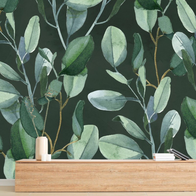 Fototapete aquarell eukalyptusblätter muster auf dunkelgrünem hintergrund – Wallnifity®