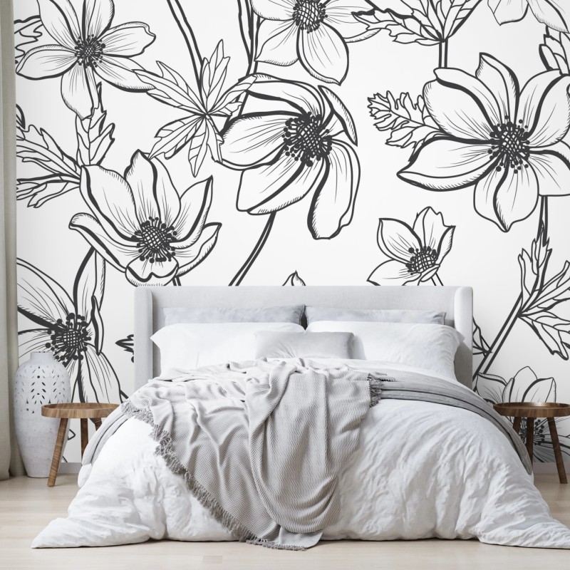 Fototapete botanische linienzeichnung mit blumen – Wallnifity®