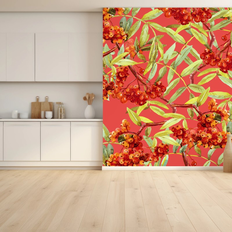 Fototapete aquarellmuster mit vogelbeeren – Wallnifity®