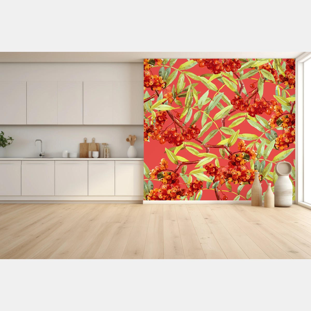 Fototapete aquarellmuster mit vogelbeeren – Wallnifity®