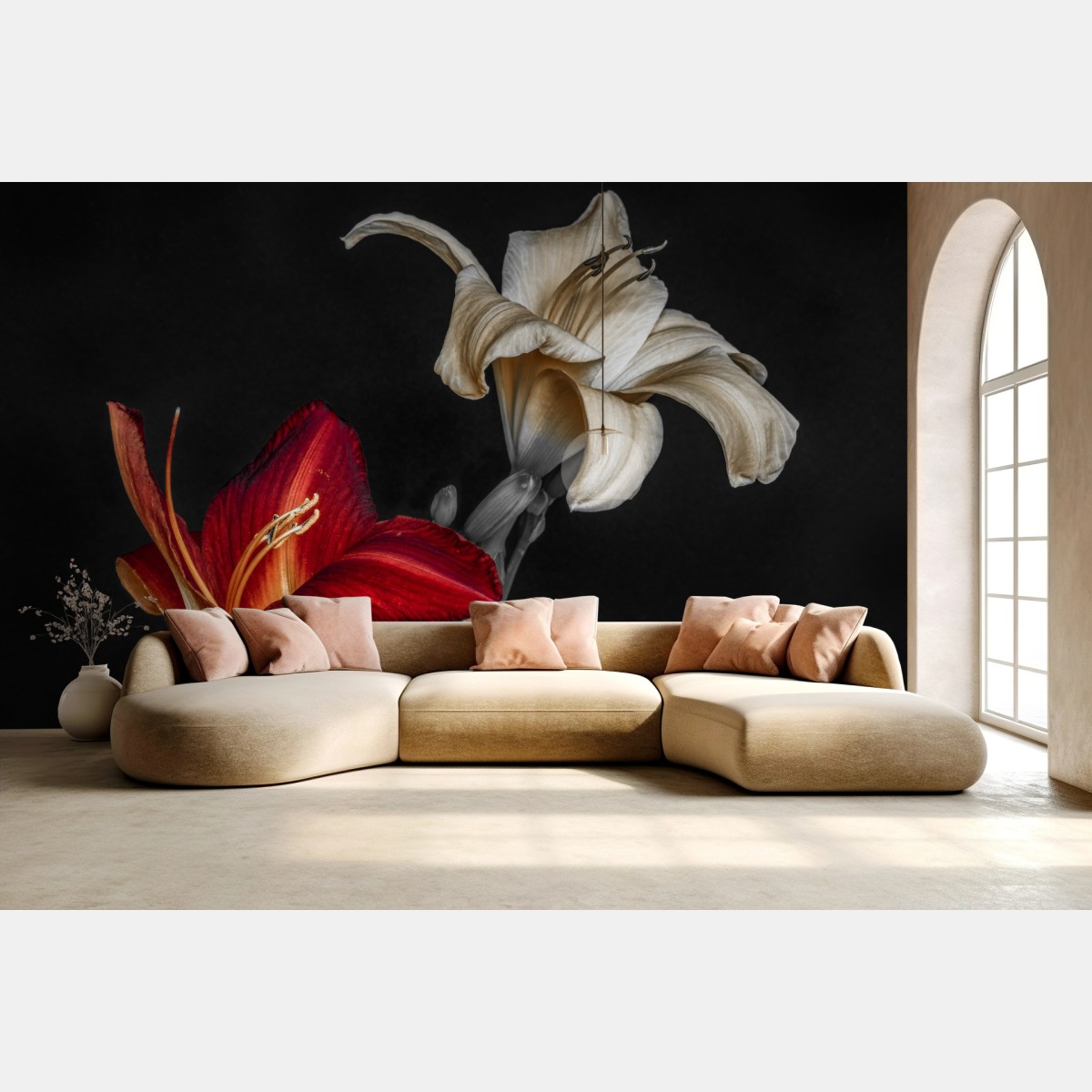 Fototapete dramatische rote und cremefarbene lilien auf schwarzem hintergrund – Wallnifity®
