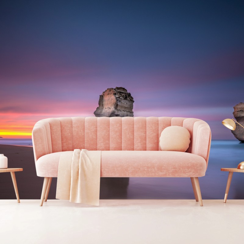 Fototapete ruhige küstenlandschaft mit felsformationen bei sonnenuntergang – Wallnifity®