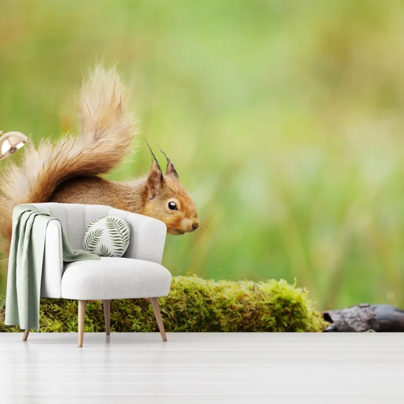 Fototapete rotes eichhörnchen auf moosigem stamm