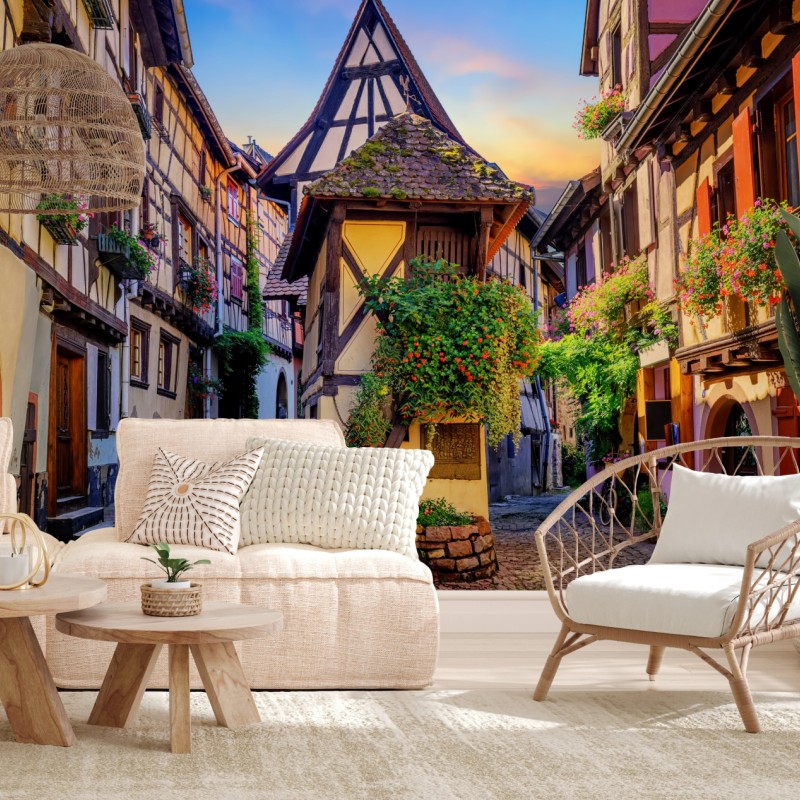Fototapete malerische fachwerkstraße in Eguisheim, Elsass – Wallnifity®
