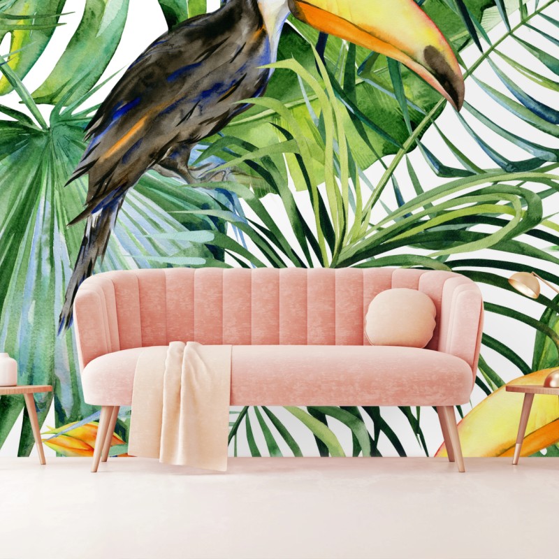 Fototapete aquarell tukan im tropischen muster – Wallnifity®