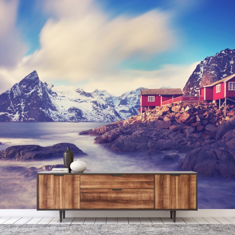 Fototapete küstengebirge mit roten hütten – Wallnifity®