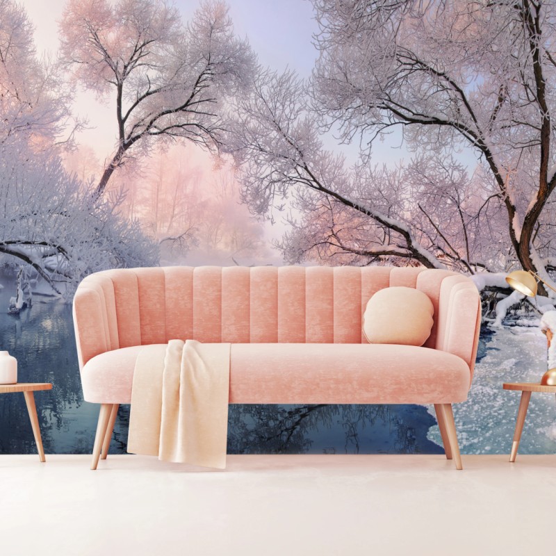 Fototapete ruhige winterlandschaft am fluss – Wallnifity®