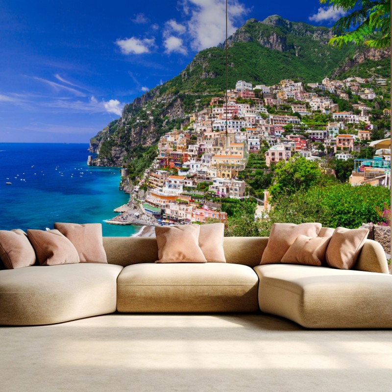 Fototapete sonnige panoramaaufnahme von Positano an der Amalfiküste – Wallnifity®