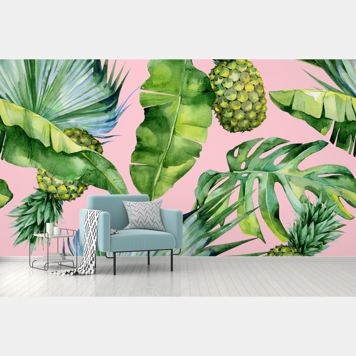 Fototapete tropisches ananas- und blattmuster in aquarell auf rosa hintergrund – Wallnifity®