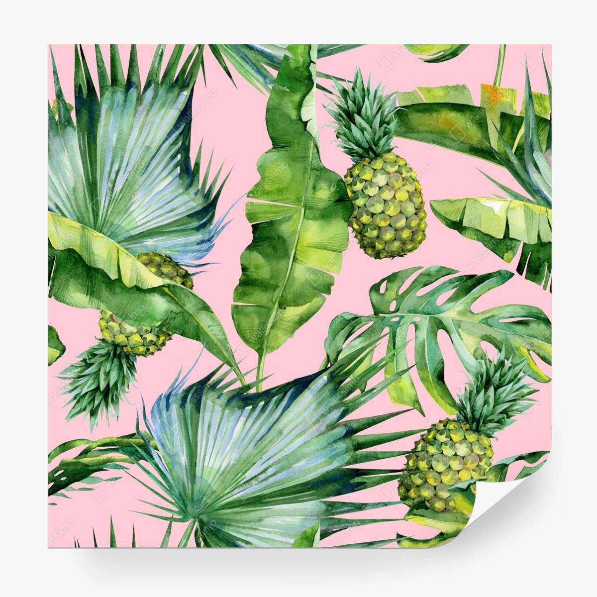 Fototapete tropisches ananas- und blattmuster in aquarell auf rosa hintergrund – Wallnifity®