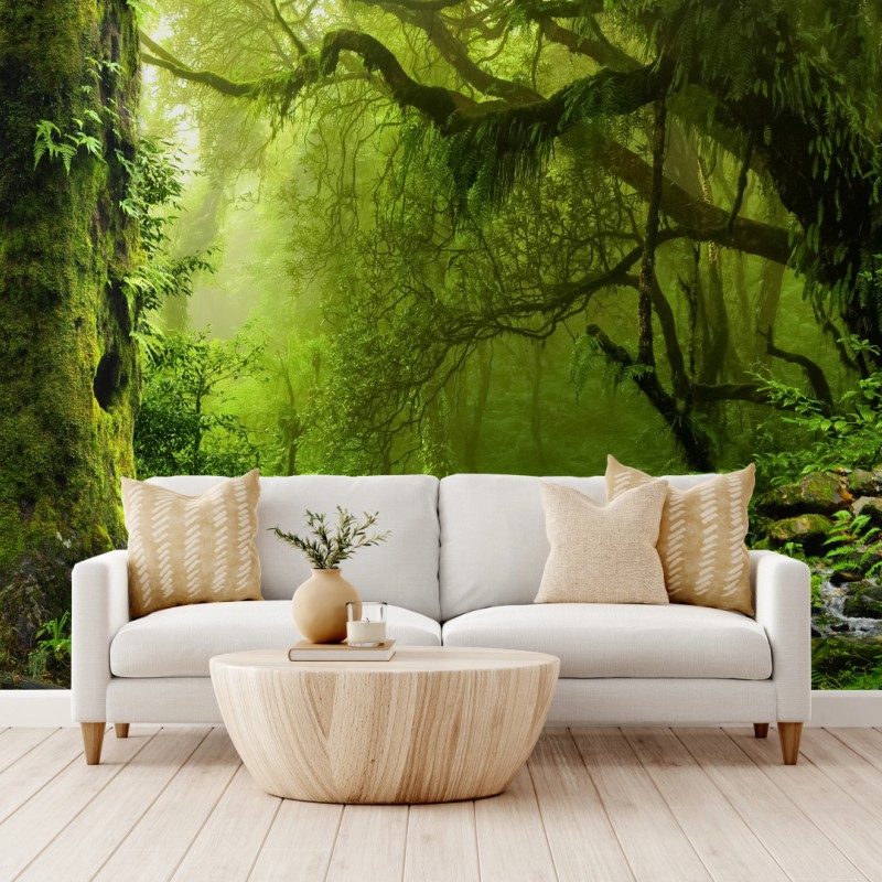 Fototapete verzauberter grüner waldbach – Wallnifity®
