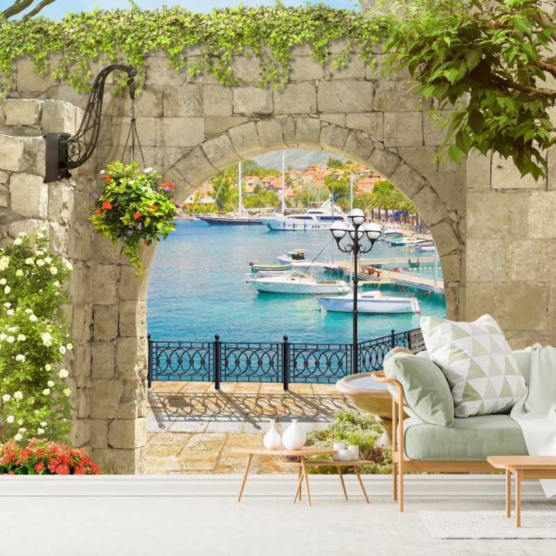 Fototapete mediterraner blick durch eine arkade – Wallnifity®