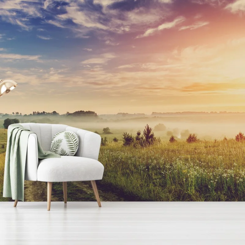Fototapete nebeliger sonnenaufgang über einer ländlichen wiese – Wallnifity®