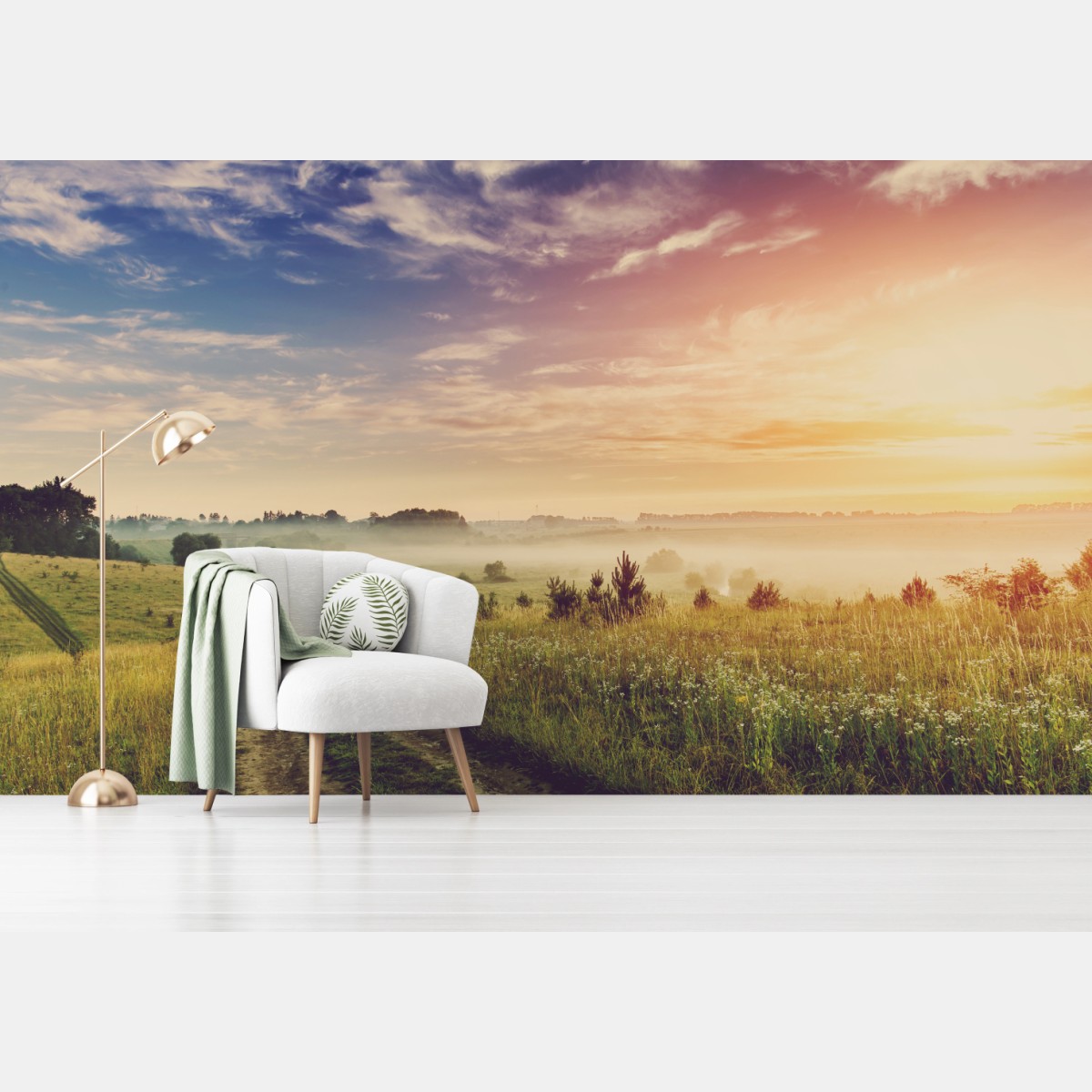 Fototapete nebeliger sonnenaufgang über einer ländlichen wiese – Wallnifity®