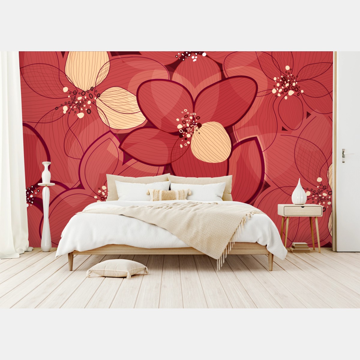 Fototapete rotes blumenmuster mit beigen mittelpunkten – Wallnifity®