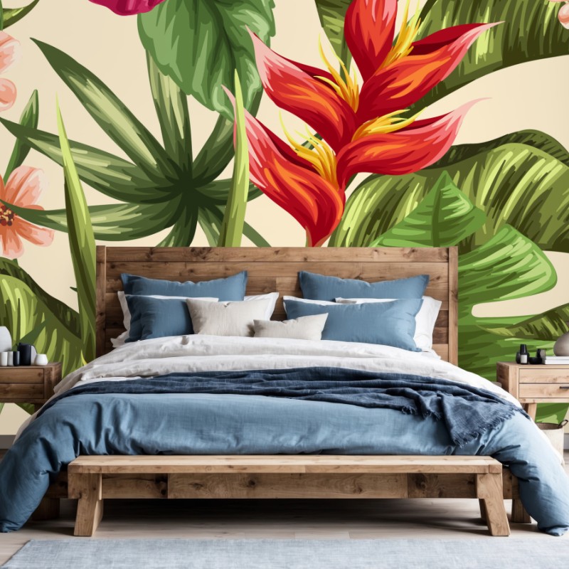 Fototapete tropisches blumenmuster mit hibiskus und plumeria