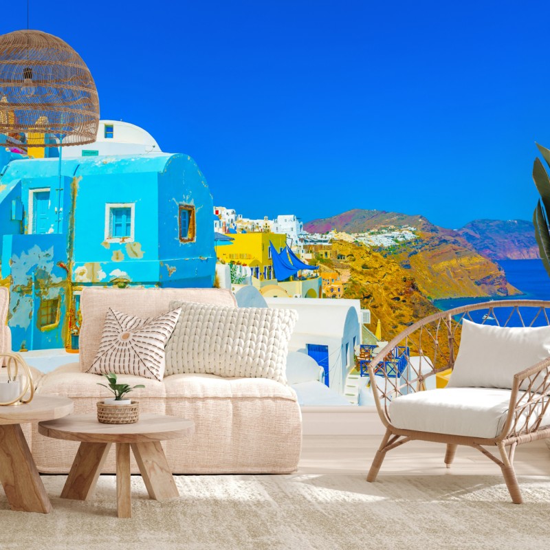 Fototapete sonniger blick auf Oia, Santorini – Wallnifity®