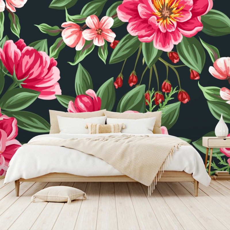 Fototapete rosa aquarell blumenmuster auf dunklem hintergrund – Wallnifity®