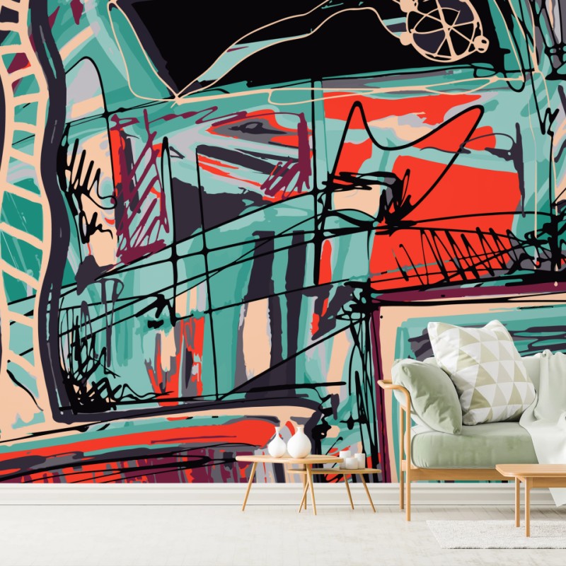 Fototapete türkis-korall abstrakte komposition – Wallnifity®