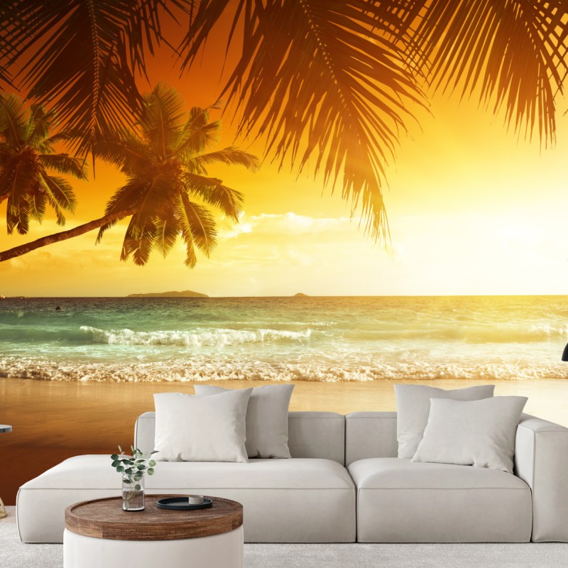 Fototapete goldener sonnenuntergang an einem strand in der Karibik – Wallnifity®