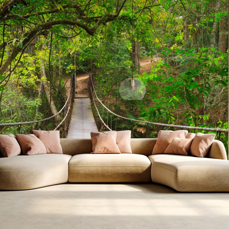 Fototapete hängende holzbrücke im grünen wald – Wallnifity®