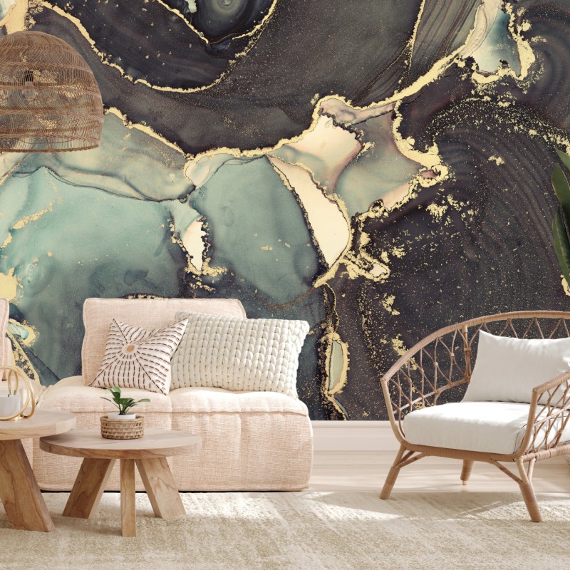 Fototapete türkis und gold abstrakte fließmalerei – Wallnifity®