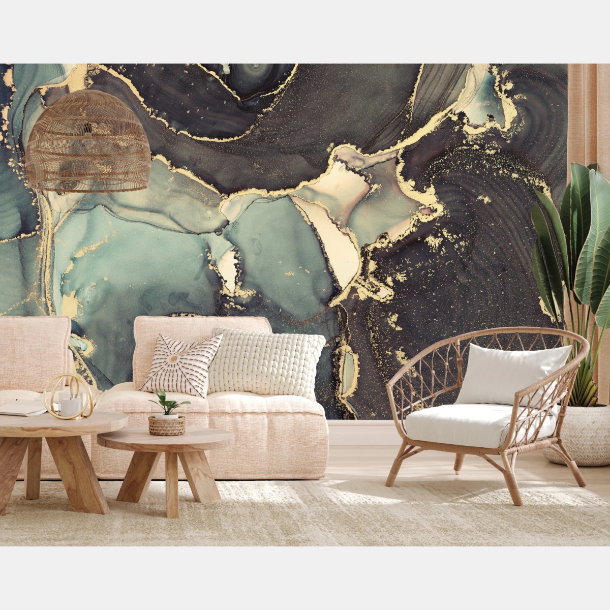 Fototapete türkis und gold abstrakte fließmalerei – Wallnifity®