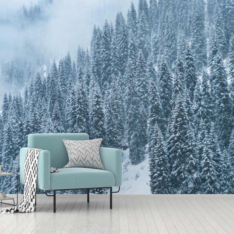 Fototapete nebeliger schneebedeckter kiefernwald – Wallnifity®