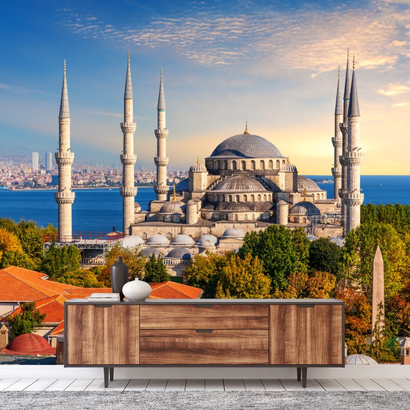 Fototapete Istanbul mit der Blauen Moschee bei Sonnenuntergang – Wallnifity®