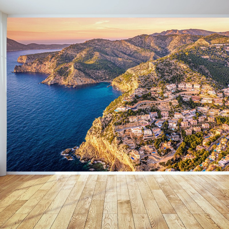Fototapete sonnenuntergang über küstenlandschaft mit dorf am kliff – Wallnifity®