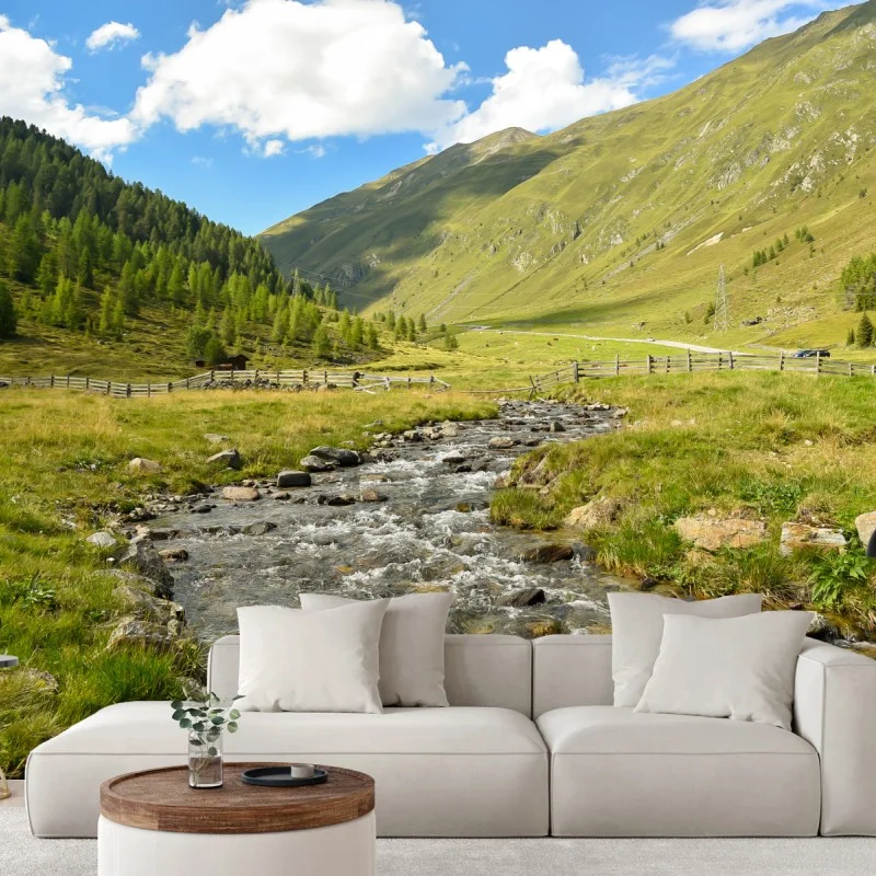 Fototapete alpenbach im sonnigen tal